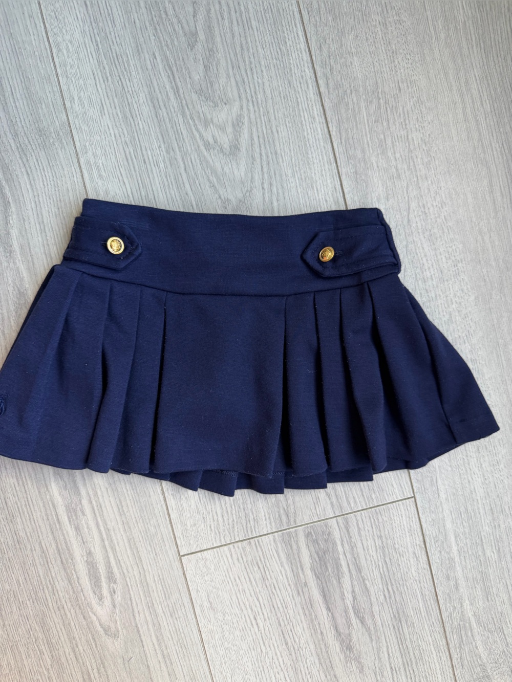 Polo by Ralph Lauren Navy Pleated Skirt with Gold Buttons and shorts underneath